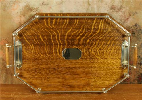 Antique Octagonal Silver Plate English Oak Gallery Tray. Large Cocktail.