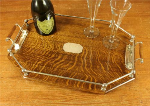 fig 1. Antique Octagonal Silver Plate English Oak Gallery Tray. Large Cocktail.