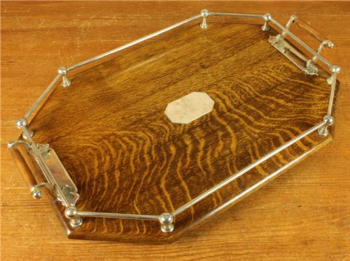 fig 2. Antique Octagonal Silver Plate English Oak Gallery Tray. Large Cocktail.