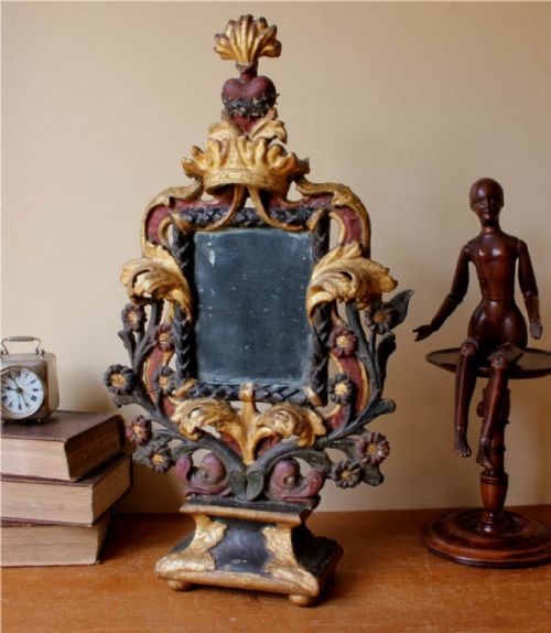 ITALIAN RELIQUARY MIRROR RELIGIOUS SACRED FLAMING HEART MIRROR C1800 - ADDITIONAL PHOTO 2