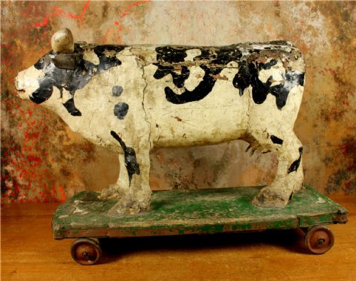 LARGE ANTIQUE WOODEN FOLK ART COW TROLLEY RUSTIC FRENCH BUTCHERS SHOP DISPLAY - ADDITIONAL PHOTO 1