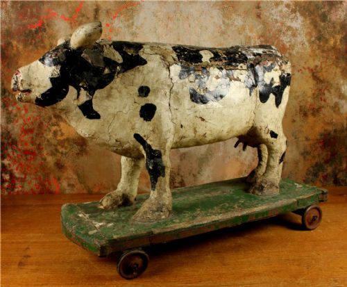 LARGE ANTIQUE WOODEN FOLK ART COW TROLLEY RUSTIC FRENCH BUTCHERS SHOP DISPLAY - ADDITIONAL PHOTO 2