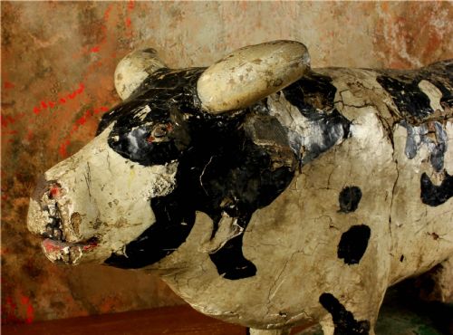 LARGE ANTIQUE WOODEN FOLK ART COW TROLLEY RUSTIC FRENCH BUTCHERS SHOP DISPLAY - ADDITIONAL PHOTO 3