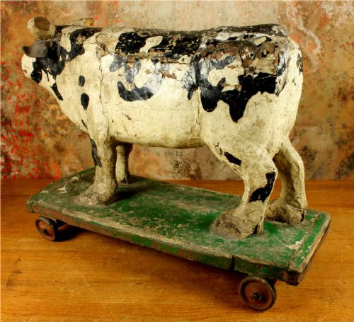 LARGE ANTIQUE WOODEN FOLK ART COW TROLLEY RUSTIC FRENCH BUTCHERS SHOP DISPLAY - ADDITIONAL PHOTO 5