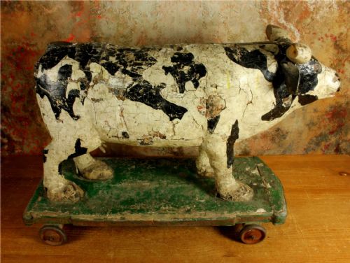LARGE ANTIQUE WOODEN FOLK ART COW TROLLEY RUSTIC FRENCH BUTCHERS SHOP DISPLAY - ADDITIONAL PHOTO 11