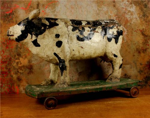 LARGE ANTIQUE WOODEN FOLK ART COW TROLLEY RUSTIC FRENCH BUTCHERS SHOP DISPLAY - ADDITIONAL PHOTO 13