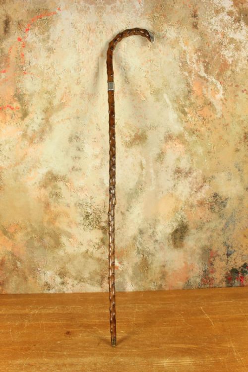 fig 1. Antique Silver Thorn Wood Walking Stick Cane. Crook. Jonathan Howell 1899.