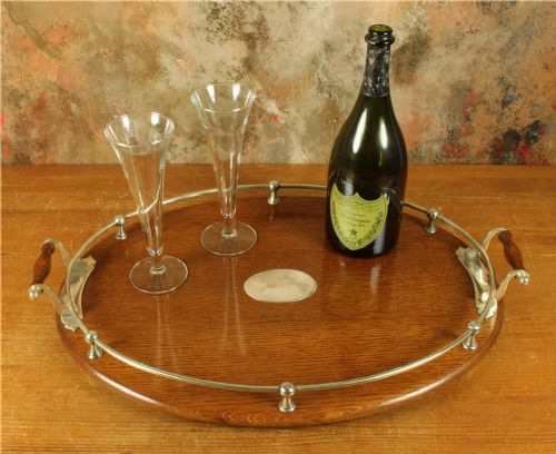 fig 1. Antique Oval English Oak & Silver Plate Gallery Tray. Large Cocktail Bar.