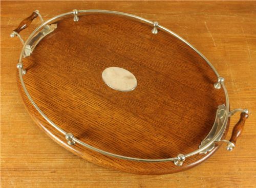 fig 2. Antique Oval English Oak & Silver Plate Gallery Tray. Large Cocktail Bar.