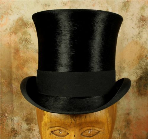 fig 1. Antique Black Top Hat. Woodrow and Sons Plush Silk Topper. UK 6 3/4.