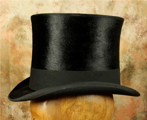 fig 2. Antique Black Top Hat. Woodrow and Sons Plush Silk Topper. UK 6 3/4.