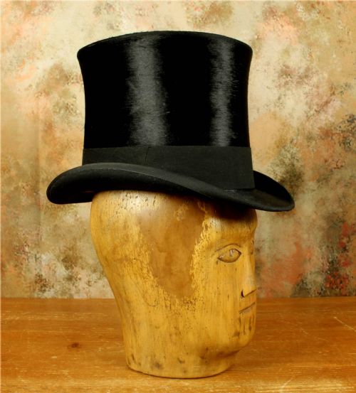 fig 3. Antique Black Top Hat. Woodrow and Sons Plush Silk Topper. UK 6 3/4.