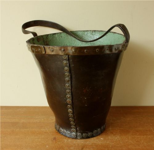 GEORGIAN LEATHER FIRE BUCKET COPPER STUDDED WASTE PAPER BASKET C1800
