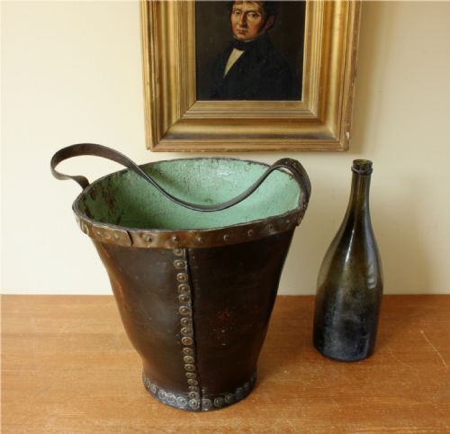 GEORGIAN LEATHER FIRE BUCKET COPPER STUDDED WASTE PAPER BASKET C1800 - ADDITIONAL PHOTO 2