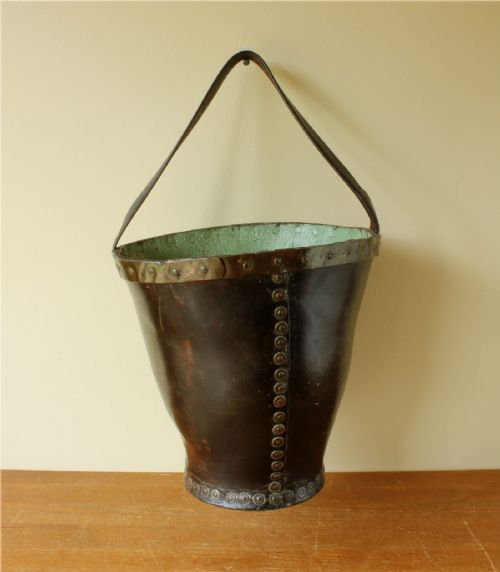 GEORGIAN LEATHER FIRE BUCKET COPPER STUDDED WASTE PAPER BASKET C1800 - ADDITIONAL PHOTO 3
