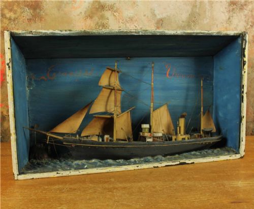 Antique Ship Diorama. French Handmade Boat Model in a Box. Vienne France.