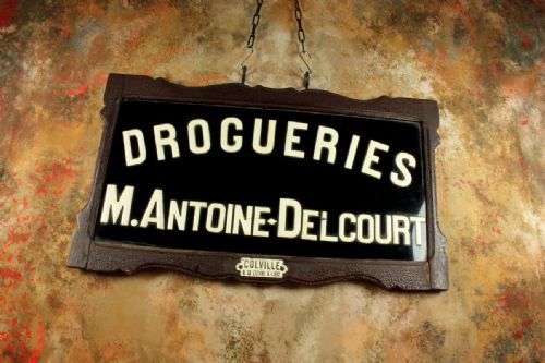 fig 1. Antique Drogueries Glass & Porcelain Shop Sign. Double Sided Drug Store.