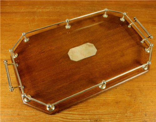 Antique Large Octagonal Silver Plate & English Oak Gallery Cocktail Tray.