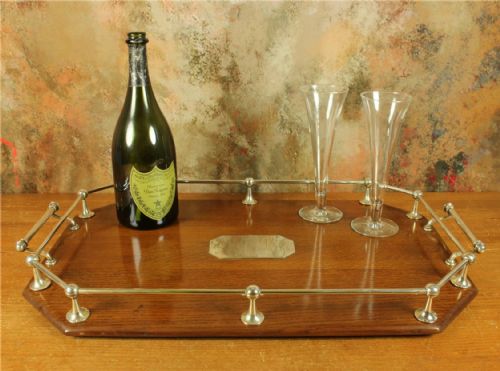 fig 1. Antique Large Octagonal Silver Plate & English Oak Gallery Cocktail Tray.
