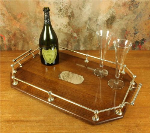fig 2. Antique Large Octagonal Silver Plate & English Oak Gallery Cocktail Tray.