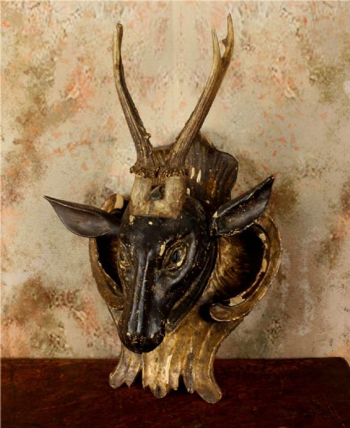 Antique Carved Wood Deer Head. Folk Art Antler Trophy