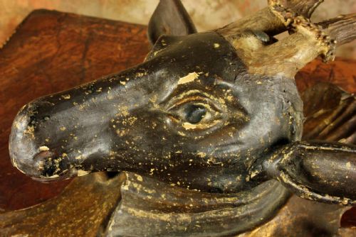 fig 2. A carved wooden deer head with antlers mounted on a shaped, distressed gilded shield plaque.