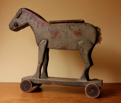 FOLK ART PULL ALONG DONKEY CHARMING HANDMADE WOODEN MODEL TOY HORSE