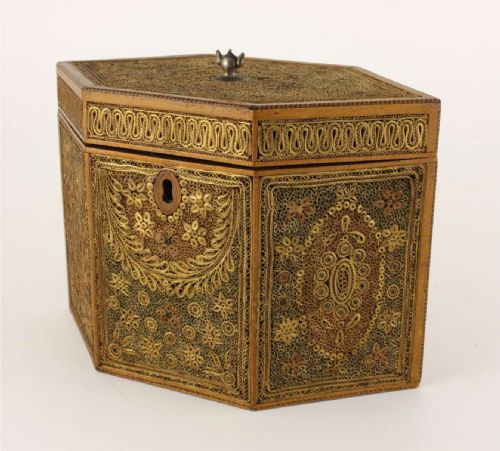 fig 1. Georgian Scrollwork Tea Caddy. Quill Work. Gilt Paper Scroll Box. c1790.