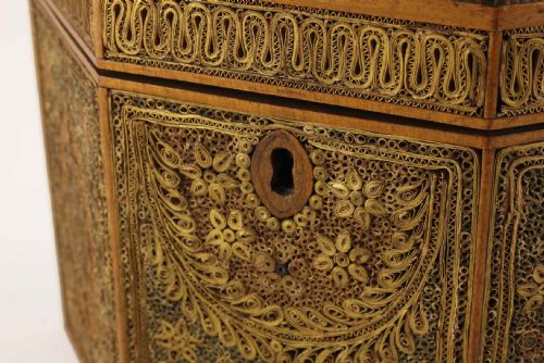 fig 2. Georgian Scrollwork Tea Caddy. Quill Work. Gilt Paper Scroll Box. c1790.