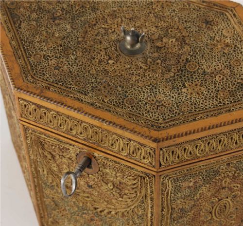 fig 4. Georgian Scrollwork Tea Caddy. Quill Work. Gilt Paper Scroll Box. c1790.