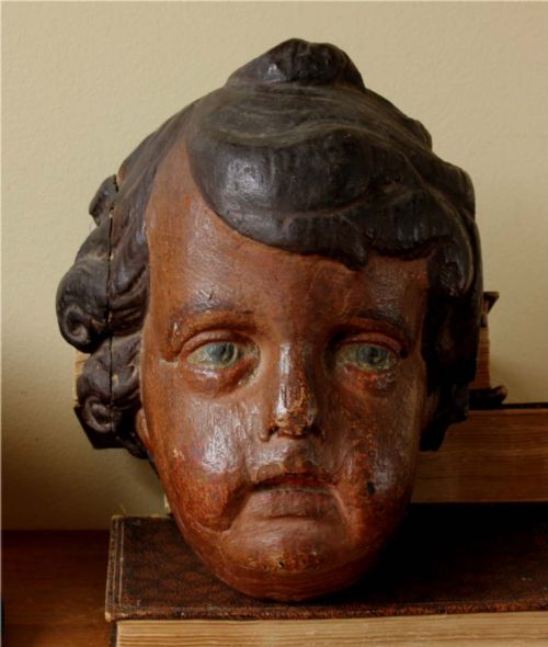 CARVED WOOD POLYCHROME CHERUB HEAD 18TH CENTURY FRENCH PUTTI STATUE