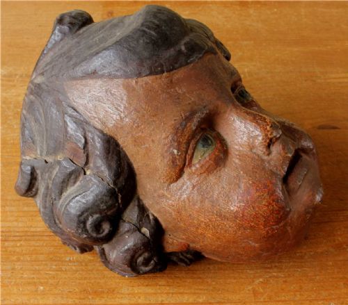 CARVED WOOD POLYCHROME CHERUB HEAD 18TH CENTURY FRENCH PUTTI STATUE - ADDITIONAL PHOTO 2