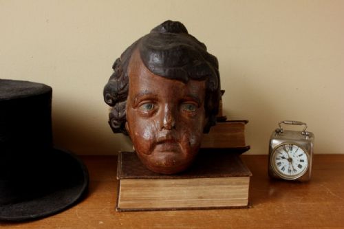 CARVED WOOD POLYCHROME CHERUB HEAD 18TH CENTURY FRENCH PUTTI STATUE - ADDITIONAL PHOTO 3