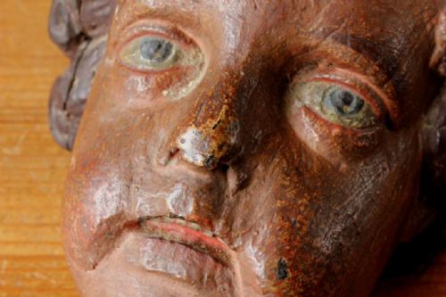 CARVED WOOD POLYCHROME CHERUB HEAD 18TH CENTURY FRENCH PUTTI STATUE - ADDITIONAL PHOTO 5
