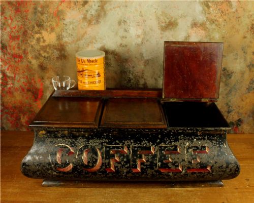 ANTIQUE COFFEE SHOP TIN VICTORIAN CAFE TOLEWARE TRIPLE COMPARTMENT BOX - ADDITIONAL PHOTO 1