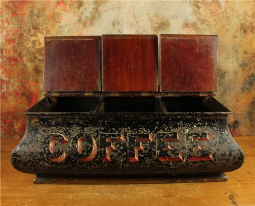 ANTIQUE COFFEE SHOP TIN VICTORIAN CAFE TOLEWARE TRIPLE COMPARTMENT BOX - ADDITIONAL PHOTO 4