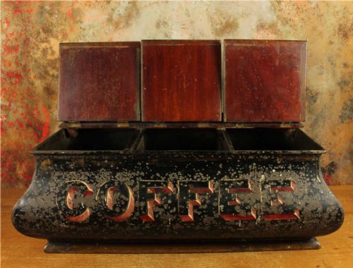 ANTIQUE COFFEE SHOP TIN VICTORIAN CAFE TOLEWARE TRIPLE COMPARTMENT BOX - ADDITIONAL PHOTO 21
