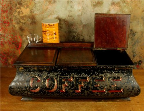 ANTIQUE COFFEE SHOP TIN VICTORIAN CAFE TOLEWARE TRIPLE COMPARTMENT BOX - ADDITIONAL PHOTO 22