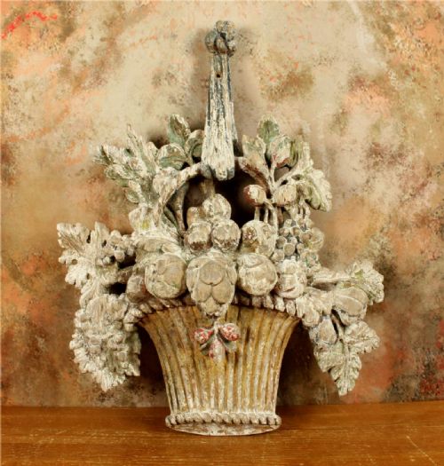 ANTIQUE FLOWER BASKET WOOD CARVING DECORATIVE FLORAL WALL RELIEF C1800 - ADDITIONAL PHOTO 1