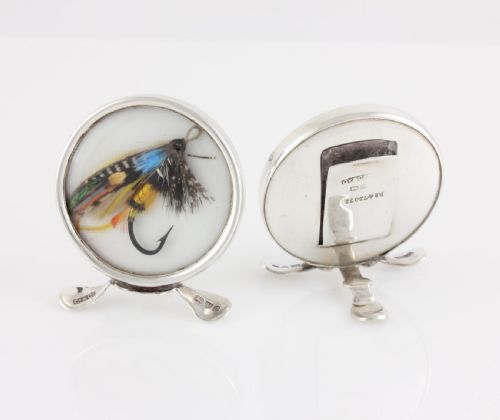 TWO SILVER FLY FISHING MENU CARD HOLDERS PHOTO CLIPS GREY CO 1913 - ADDITIONAL PHOTO 2