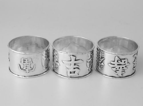 THREE CHINESE SILVER NAPKIN RINGS HANZI CHARACTERS C1900 HC HUNG CHONG - ADDITIONAL PHOTO 1