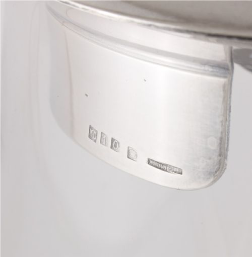A clear glass water jug with a silver-plated hinged lid, integrated strainer spout, and curved glass handle. View VII