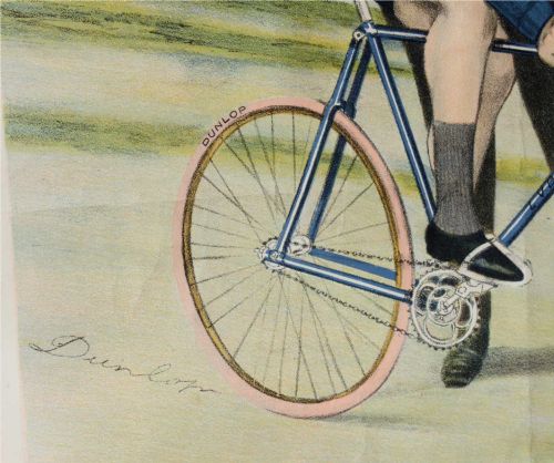 fig 2. An early twentieth-century Belgian advertising poster depicting cyclist Francois Faber aboard a blue bicycle with French text and a landscape background.