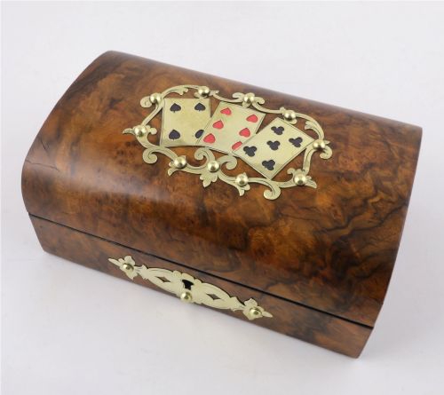 Antique Walnut Playing Card Box. Brass. Poker Dice Games Casket. C1890.