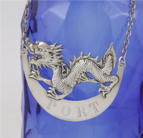 Antique Chinese Silver Port Decanter Label. Dragon Bottle Tag. C1890.