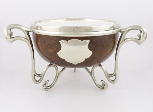 Antique English Oak & Silver Plate Fruit Trophy Bowl. Art Nouveau Bowl.