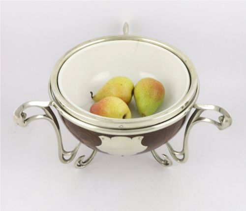 fig 1. Antique English Oak & Silver Plate Fruit Trophy Bowl. Art Nouveau Bowl.