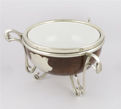 fig 2. Antique English Oak & Silver Plate Fruit Trophy Bowl. Art Nouveau Bowl.