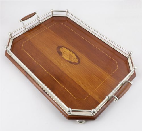 Large Antique Octagonal Silver Plate & Wood Gallery Tray. Shell Inlay.