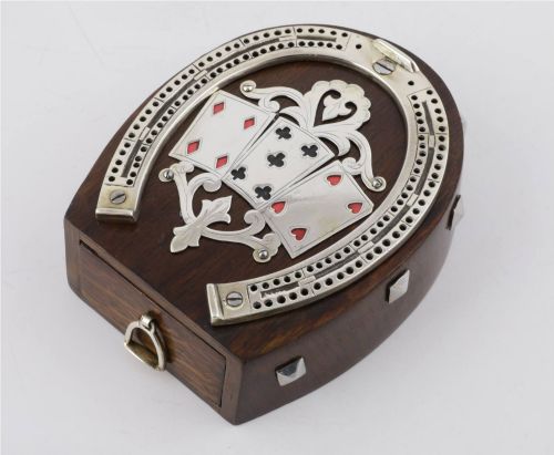 Antique Horseshoe Cribbage Board & Playing Card Box. Oak Brass Games Box.